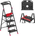 4 Step Foldable Step Ladder with Roomy Tool Tray, Platform Ladders Stepstools, Step Stool 4 Step Folding with Wide Non-Slip Pedals and 800lbs Bearing Capacity for Adults, Home, Kitchen, Black Red