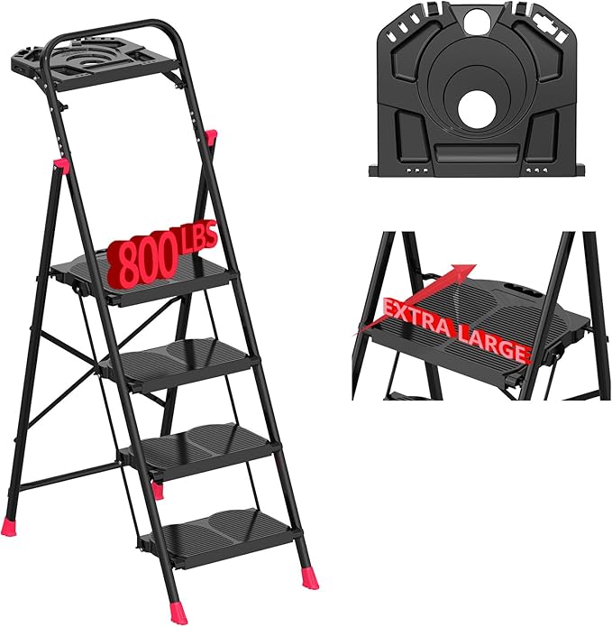 4 Step Foldable Step Ladder with Roomy Tool Tray, Platform Ladders Stepstools, Step Stool 4 Step Folding with Wide Non-Slip Pedals and 800lbs Bearing Capacity for Adults, Home, Kitchen, Black Red