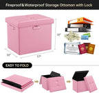 DocSafe Storage Ottoman Foot Rest Stool with Lock ＆ Handles, Fireproof Folding Leather Footstool Bench with Storage Safe for Living Room Bedroom, Home Office, Dorm, 17x13x13in, Pink