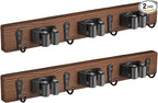 2 Pack Mop Broom Holder Wall Mount with 3 Slots & 4 Hooks - Rustic Wood Broom Mop Hanger for Pantry Kitchen Organization - Garden Tool Organizer for Closet Laundry Room