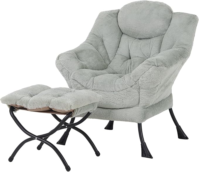 Welnow Lazy Chair with Ottoman, Modern Accent Chair with Armrests and a Side Pocket, Leisure Sofa Armchair, Reading Armchair with Footrest for Small Space, Plush Green