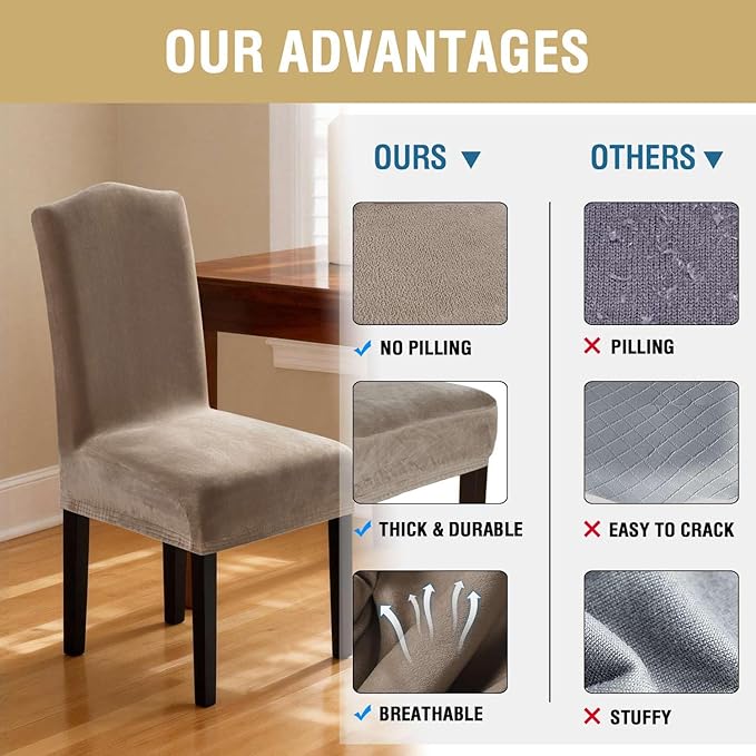 H.VERSAILTEX Velvet Dining Chair Covers Stretch Chair Covers for Dining Room Set of 6 Parson Chair Slipcovers Chair Protectors Covers Dining, Soft Thick Solid Velvet Fabric Washable, Taupe