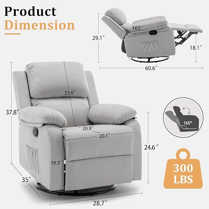 Recliner Chair, 360 Swivel Rocker Chair for Adults, Small Rocking Recliner for Small Spaces, Upholstered Fabric Glider Recliner Nursery