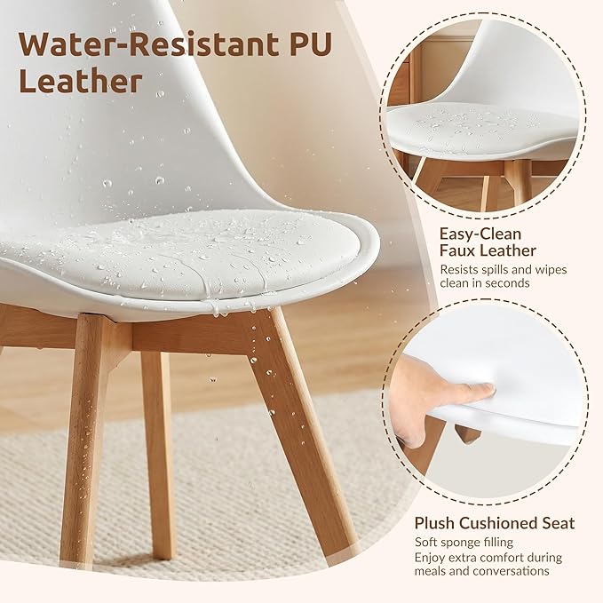 CangLong Dining Chairs Set of 4, Mid Century Modern Kitchen and Dining Chair, Soft Padded Dining Desk Chairs with Wood Legs, for Kitchen, Dining, Living Room & Bedroom, White