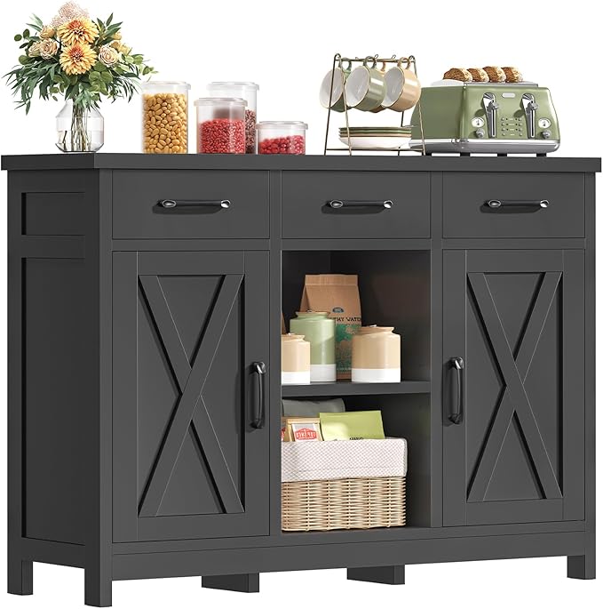 TEENFON Storage Cabinet, Coffee Bar Cabinet with 3 Drawers, 2 Adjustable Shelves & 2 Doors, Buffet Cabinet, Kitchen Cabinet for Kitchen, Dining Room, Living Room, Black