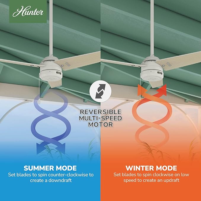 Hunter 44 inch Outdoor or Indoor Ceiling Fan No Light - White Ceiling Fan without Light, For Patio, Porch, Garage, or Living Room, Standard Mount, 3 Blades, Pull Chain - Cassius 50262, Fresh White