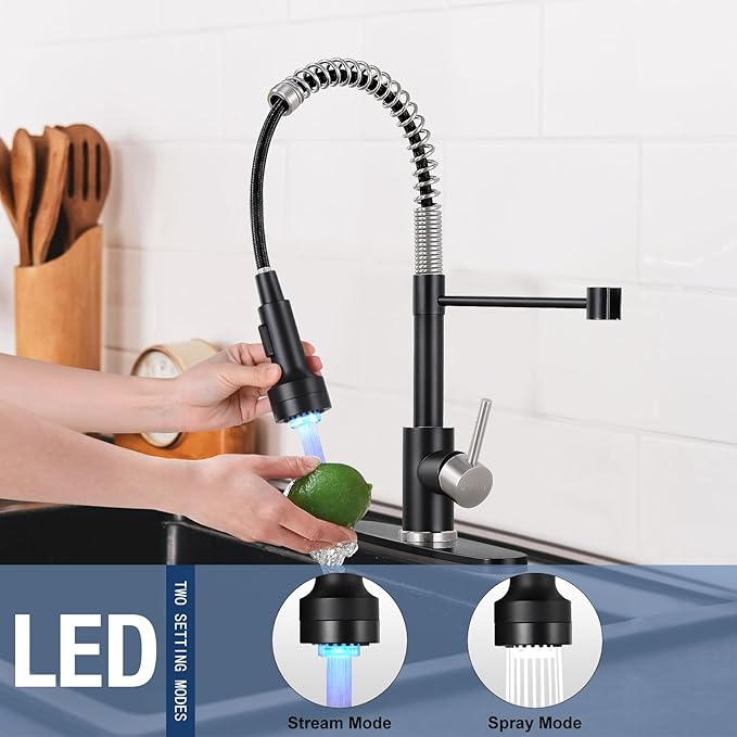 DJS Kitchen Faucets with Pull Down Sprayer Matte Black & Brushed Nickel LED Light Single Handle 1 or 3 Holes Spring Kitchen Sink Faucet with Deck Plate for Farmhouse RV Vessel Basin