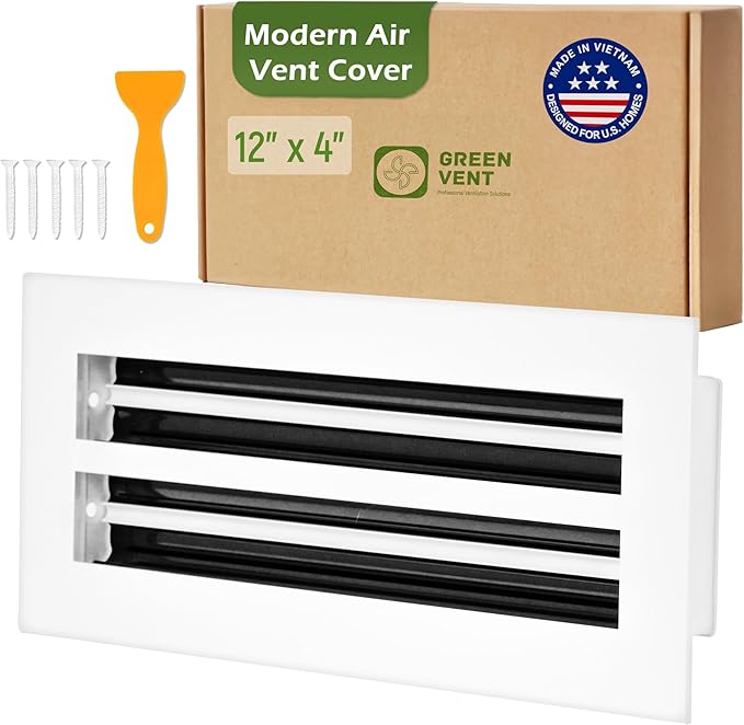 Modern Air Vent Cover 12x4 (Duct Opening) - Decorative White Aluminum Linear Slot Diffuser for Wall, Ceiling, Floor Register - Quiet Operation HVAC Grille for Home with Adjustable Airflow