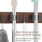 2 Pack Mop Broom Holder Wall Mount with 3 Slots & 4 Hooks - Rustic Wood Broom Mop Hanger for Pantry Kitchen Organization - Garden Tool Organizer for Closet Laundry Room