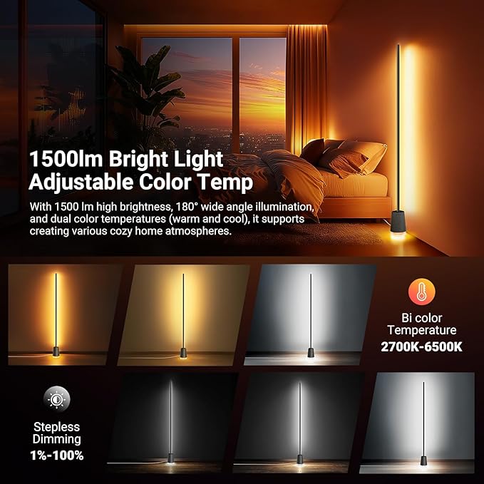 NEEWER NF06 Smart LED Floor Lamp, 1500lm RGBCW Standing Corner Light, Compatible with Google Assistant Alexa, APP/AI Design/Music Sync/16 Million Color Ambient Lighting, Living Room Bedroom Home Decor