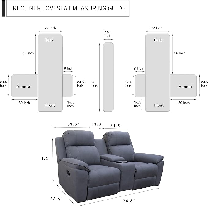 Easy-Going Loveseat Recliner Cover with Console, Reversible Couch Cover for Living Room, Split Sofa Cover for Each Seat with Elastic Straps for Kids, Dogs, Pets(2 Seater, Gray/Light Gray)