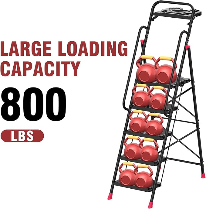 5 Step Foldable Step Ladder Stool with Roomy Tool Tray and Secure Handrail, Foldable Platform Ladder 5 Step Folding Stepstools with Wide Pedals and 800lbs Weight Capacity for Adults, Home, Kitchen