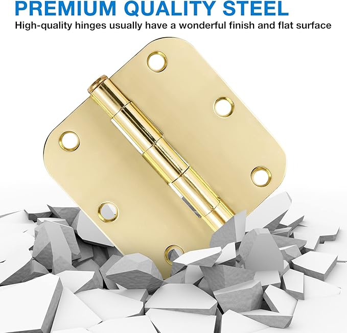 3 Pack Rounded Door Hinges 3-1/2" x 3.5 inch, 5/8 Radius, Polished Brass 3 ½ Inch Gold House Interior Hinge for Bed/Living/Guest/Pantry/Storage/Study/Work Room Doors Heavy Duty Steel Hardware Kit
