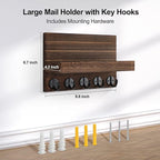 Lwenki Key Holder for Wall, Decorative Key and Mail Holder with Shelf Has Large Key Hooks for Bags, Coats – Paulownia Wood Key Hanger with Mounting Hardware (9.8”W x 6.7”H x 4.2”D) (Brown)