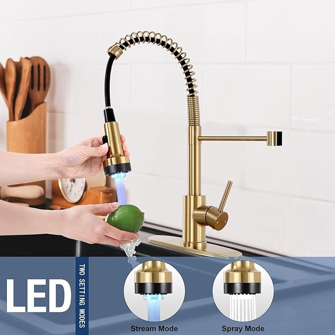 DJS Kitchen Faucets with Pull Down Sprayer Brushed Gold LED Light Single Handle 1 or 3 Holes Spring Kitchen Sink Faucet with Deck Plate for Farmhouse RV Vessel Basin