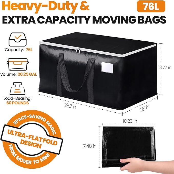 Heavy-Duty & Extra Capacity Moving Bags with Backpack Straps, Storage Totes with Double Zipper & Strong Handles, Packing Bags Alternative to Moving Boxes, Moving Supplies (4 Pack, Black)