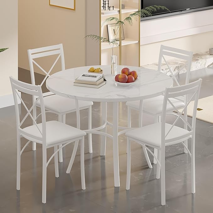 VECELO 36" Round Dining Table for 4, Faux Marble Dinette with Metal Frame for Kitchen, Apartment, Home, Space-Saving, Off White