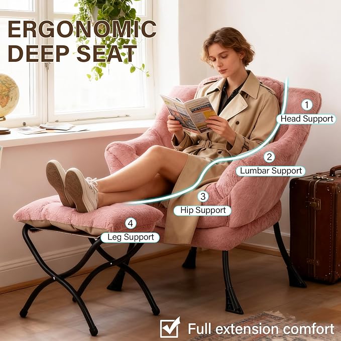 Welnow Lazy Chair with Ottoman, Modern Accent Chair with Armrests and a Side Pocket, Leisure Sofa Armchair Set, Reading Armchair with Footrest for Small Space, Plush Dark Pink