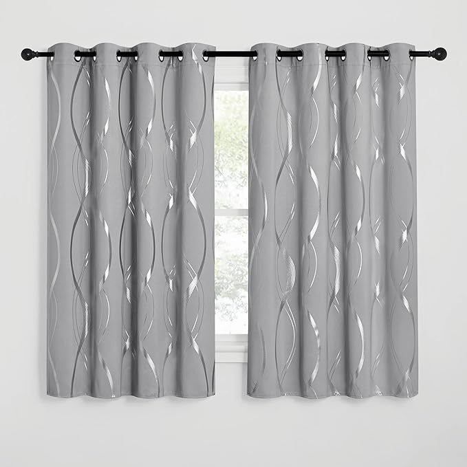 NICETOWN Blackout Curtains 63 inch Length 2 Panels, Silver Grey Window Treatment Thermal Insulated Soundproof Grommet Wave Line Foil Print Design Draperies for Living Room (52 inches Wide)