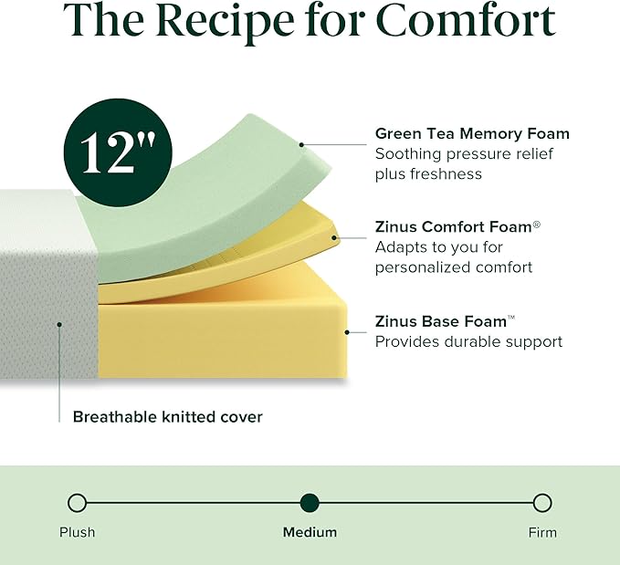 Zinus 12 Inch Twin XL Green Tea Memory Foam Mattress [New Version], Fiberglass Free, Medium Firm Feel, Zoned Pressure Relief, Certified Safe Foams & Fabric, Mattress-in-a-Box