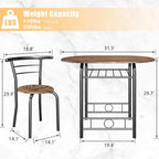 JUMMICO 3-Piece Wooden Round Table & Chair Set, Space Saving Kitchen Breakfast Nook Wood Grain Tabletop with Metal Frame and Built-in Wine Rack for Kitchen, Dining Room (Brown/Black)
