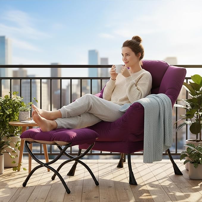 Welnow Lazy Chair with Ottoman, Modern Accent Chair with Armrests and a Side Pocket, Leisure Sofa Armchair Set, Reading Armchair with Footrest for Small Space, Dark Purple