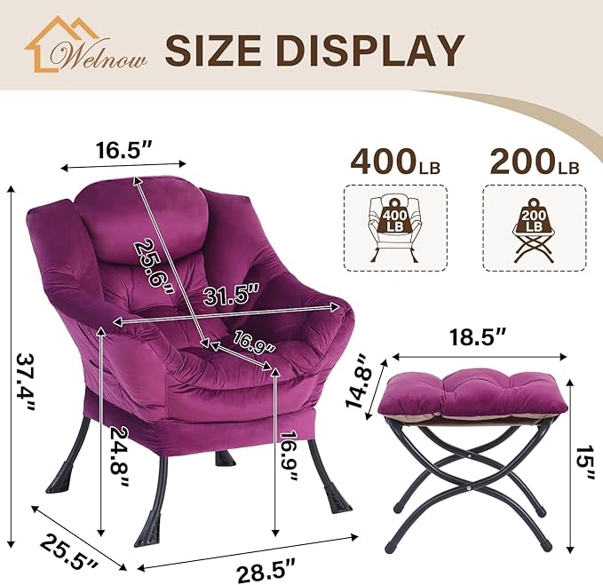 Welnow Lazy Chair with Ottoman, Modern Accent Chair with Armrests and a Side Pocket, Leisure Sofa Armchair Set, Reading Armchair with Footrest for Small Space, Dark Purple