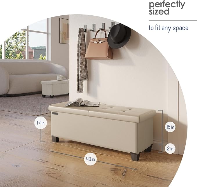 Storage Ottoman Bench with Bins, 43-in Storage Bench for Bedroom End of Bed, Folding Foot Rest Ottoman for Living Room Max 660lbs, Leather Ottomans, Beige