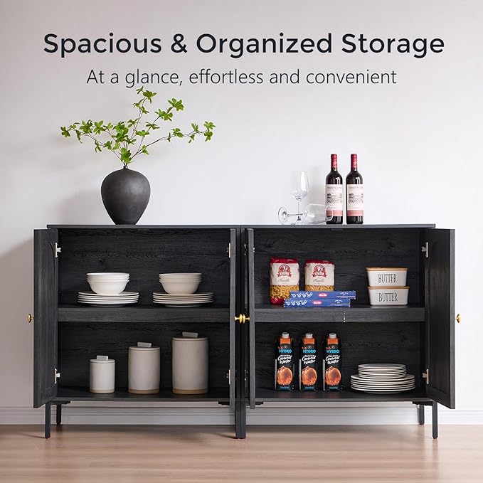 Modern Buffet Cabinet with Storage, 61.75" W Fluted Arched Sideboard Cabinet w/Adjustable Shelves, Wooden Modular Coffee Bar for Dining Room, Kitchen, Living Room, Entryway, Dark Grey
