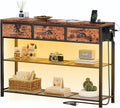 Furologee Console Table with Charging Station & 3 Fabric Drawers, 38'' Entryway Table with Storage Shelves and LED Light for Entry Way, Industrial Display Shelf for Hallway, Foyer, Rustic Brown | 3 Fabric Drawers, Storage Shelves, LED Light, Entry Way,...