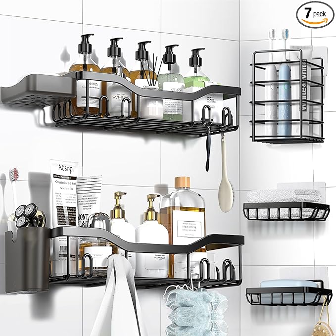 NESOMI Shower Caddy Adhesive Shower Organizer 7-Pack, Rustproof Stainless Steel Bathroom Shelves, Large Capacity No-Drill Rack Storage Accessories with Soap Dish Toothbrush Holder &24 Hooks Home Decor