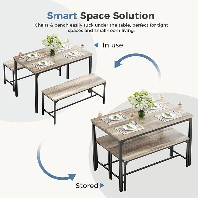 DUMOS Dining Table, Dining Table Set for 4 with Bench, Easy to Assemble Kitchen Table, Space-Saving Ideal 4-Person Set for Dining Room Kitchen Apartment Corner Grey 3 Pack
