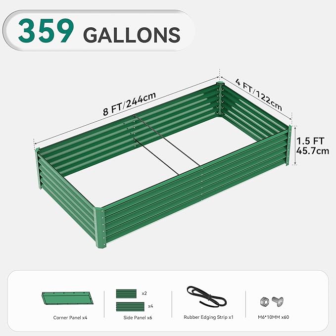 YITAHOME 96x48x24 in Galvanized Raised Garden Bed Kit, Large Metal Planter Box with Gloves, Safety Rubber & Support Rod, Outdoor Flower Bed for Plants Vegetables, Green