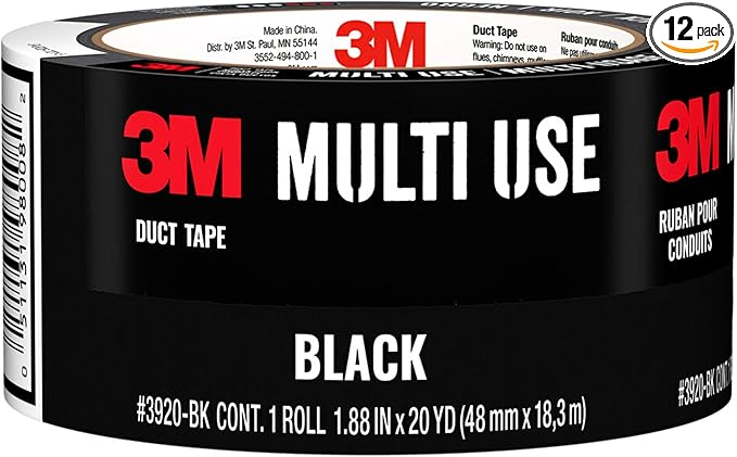 3M Black Duct Tape, Multi-Use Colored Duct Tape with Strong Adhesive and Water-Resistant Backing, Multi-Surface Great for Indoor and Outdoor Use, 1.88 Inches x 20 Yards, 12 Roll