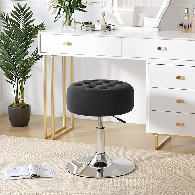 Furniliving Mid-Century Velvet Tufted Makeup Ottoman Stool, Modern Big Size Swivel Round Adjustable Vanity Stool Chair for Living Room Bedroom, Black