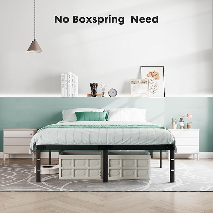 Sweetcrispy Queen Bed Frame - Heavy Duty Metal Platform Bed Frames Queen Size with Storage Space Under Frame, No Box Spring Needed, 14 Inches, Sturdy Steel Slat Support