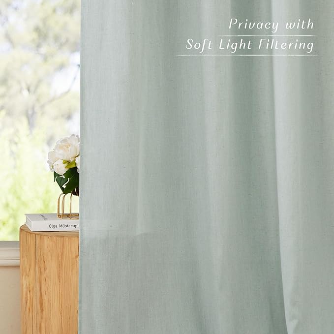 NICETOWN Flax Sage Green Linen Curtains for Room Divider, Grommet Top Thick Flax Semi Sheer Vertical Drapes Privacy Assured with Light Filtering for Sliding Glass Door, W68 x L96, 2 Pieces