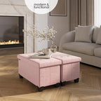 Storage Ottoman Bench with Bins, 30-in Storage Bench for Bedroom End of Bed, Folding Foot Rest Ottoman for Living Room Max 660lbs, Velvet Ottomans, Pink