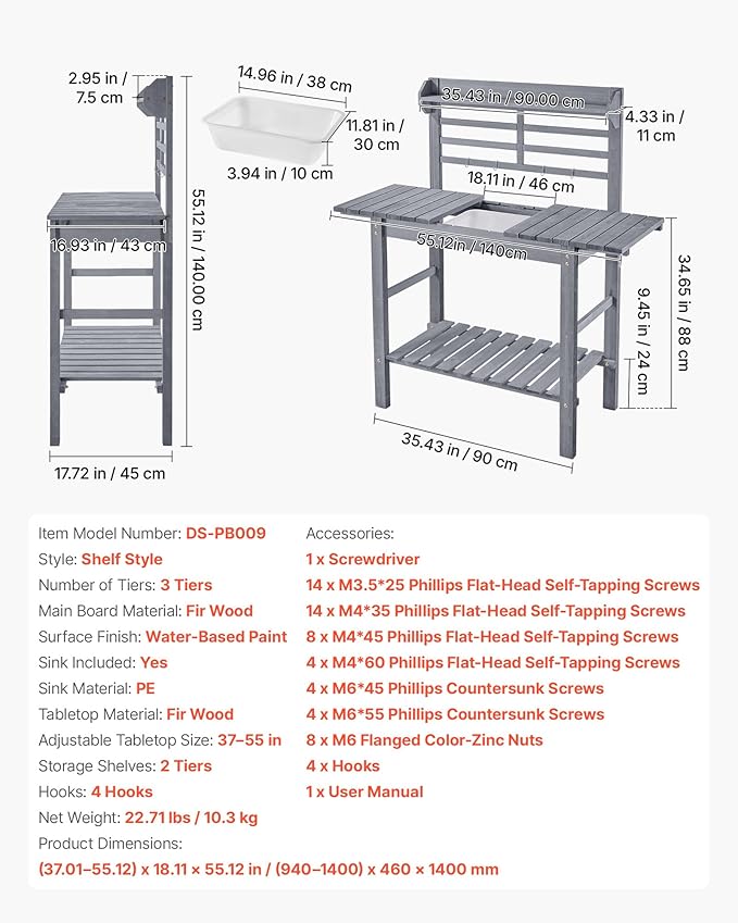 VEVOR Potting Bench Table, Outdoor Gardening Workstation with Sink, 37-55in Adjustable Wood Tabletop, Garden Work Station with Storage Shelves, Hooks for Patio, Backyard, Classic Grey