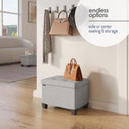 Storage Ottoman Cube with Small Bin, 16-in Square Ottoman with Storage for Living Room and Bedroom, Small Ottomans Foot Rest, Fabric Foot Stools Ottomans Max 330lbs, Light Grey