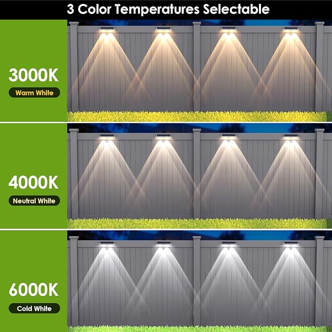 Solar Fence Lights Outdoor - 2700/4000/6000K 3 Modes, IP65 Waterproof Fence Solar Lights Outdoor, Fence Light Solar Powered for Patio Decor/Railing/Step and Wall - Unique Housewarming Gifts（8 Pack