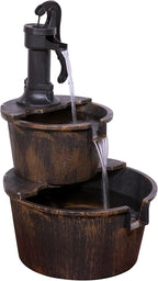 Alpine Corporation 27" Tall Rustic Outdoor 2-Tier Barrel Pump Water Fountain with Soothing Cascading Water Flow for Patio, Yard, Porch, or Landscape, Bronze