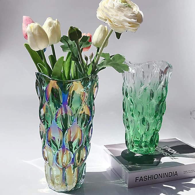 Unbreakable Flower Glass Vase 3.5lb 9.5inch Sparkle vase Bohemian Style, for Centerpieces,Kitchen,Office, Living Room,Wedding,Perfect Home Decor Glass Vase (Sparkle Green)