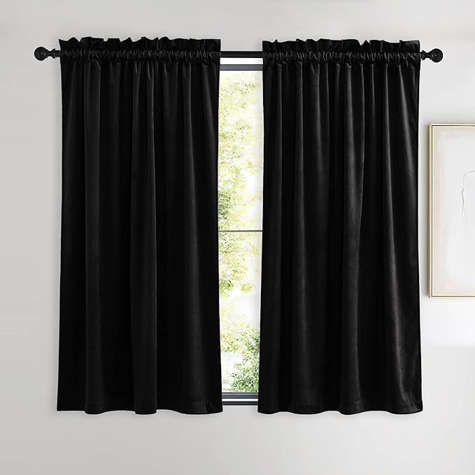 NICETOWN Black Out Velvet Curtains 54 inches Long for Patio, Solid Heavy-Duty Energy Saving Short Window Treatments Rod Pocket Drapes for Cafe (2 Panels，42 inch Wide)