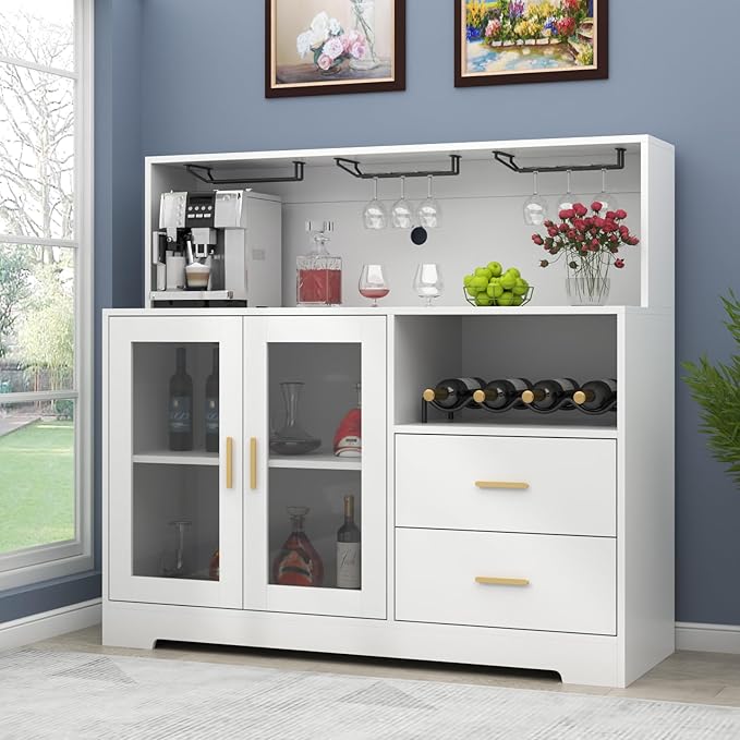 Bar Cabinet for Home with LED Light, Coffee Bar Cabinet with Wine & Glass Rack, Wine Cabinets with Storage Cabinet &Drawers, Modern Liquor Cabinets for Kitchen, Living Room, Dining Room (White)