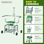 Suntee Garden Seat with Wheels, Rolling Gardening Stool with 360° Swivel Seat & Backrest,Tool Storage Basket & Back Tool Pouch, Adjustable Handle, Outdoor Gardening Scooter, Garden Cart for Seniors