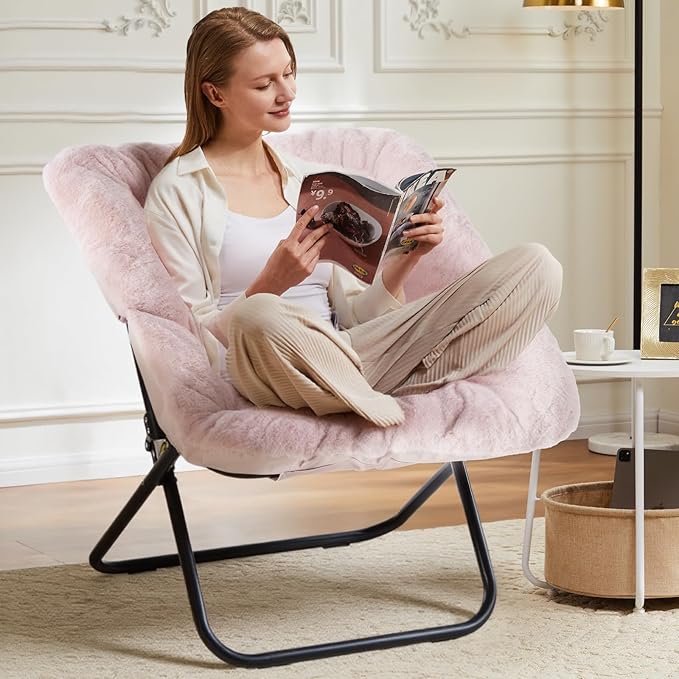 DUMOS Saucer Chair, Foldable Living Room Chairs, Soft Faux Fur Lounge Chair for Bedroom, Reading Chairs for Adults, X-Large (Pink)