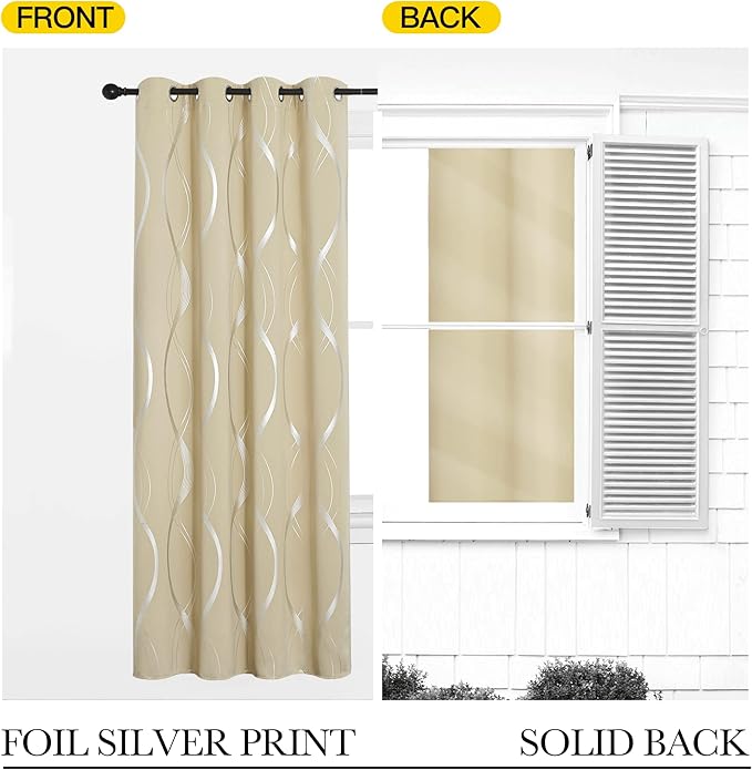 NICETOWN Bedroom Short Blackout Curtain Panels, Window Treatment Thermal Insulated Room Darkening Wave Line Foil Print Design Curtains for Kitchen, Cafe, Loft (Biscotti Beige, Set of 2, 42 by 63 Inch)