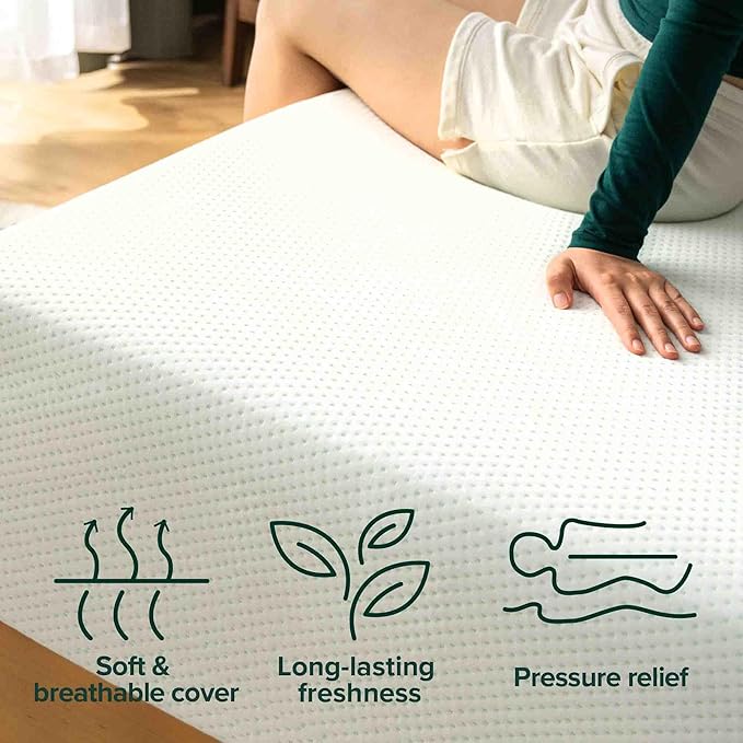 Zinus 14 Inch Queen Green Tea Memory Foam Mattress, Fiberglass Free, Medium Firm Feel, Zoned Pressure Relief, Certified Safe Foams & Fabric, Mattress in A Box