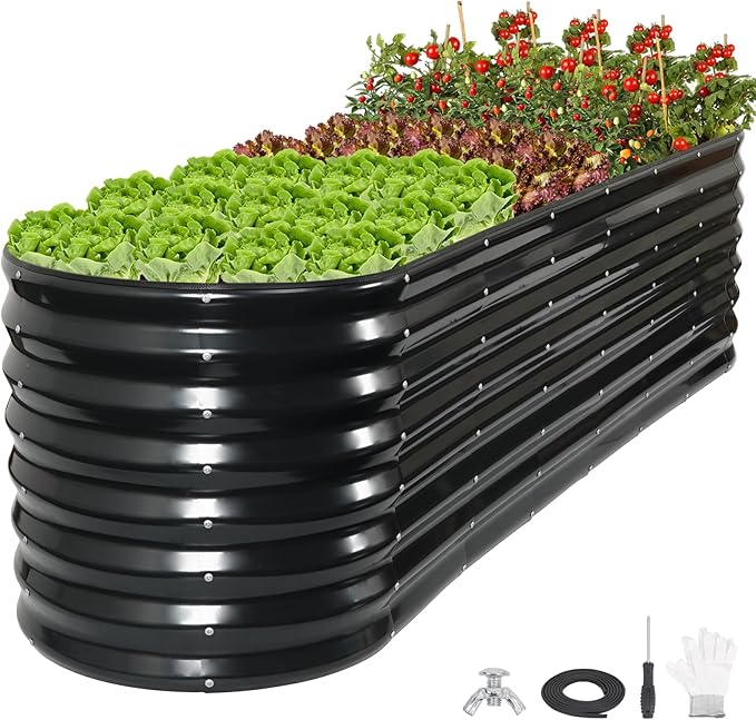 24" Tall Galvanized Raised Garden Bed Outdoor, 8x2x2ft Deep Metal Planter Box with Safety Edging & Support Bars, Large Oval Raised Beds for Gardening Plants Vegetables Herbs Flowers (Dark Grey)